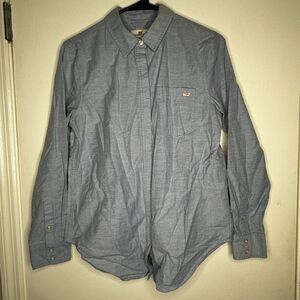 Vineyard Vines Blue Long Sleeve Womens Button Down Relaxed shirt Pink Whale Logo
